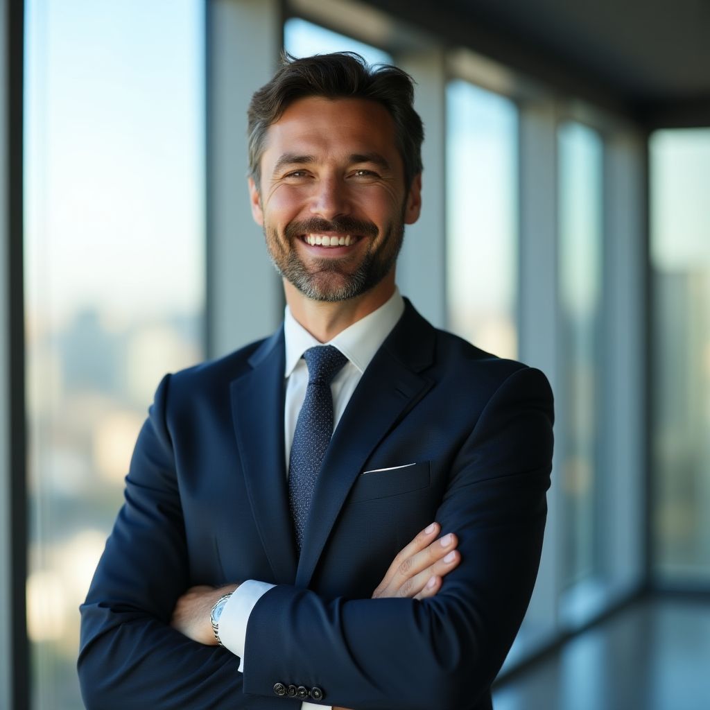 Empresario sonriente en su oficina renovada